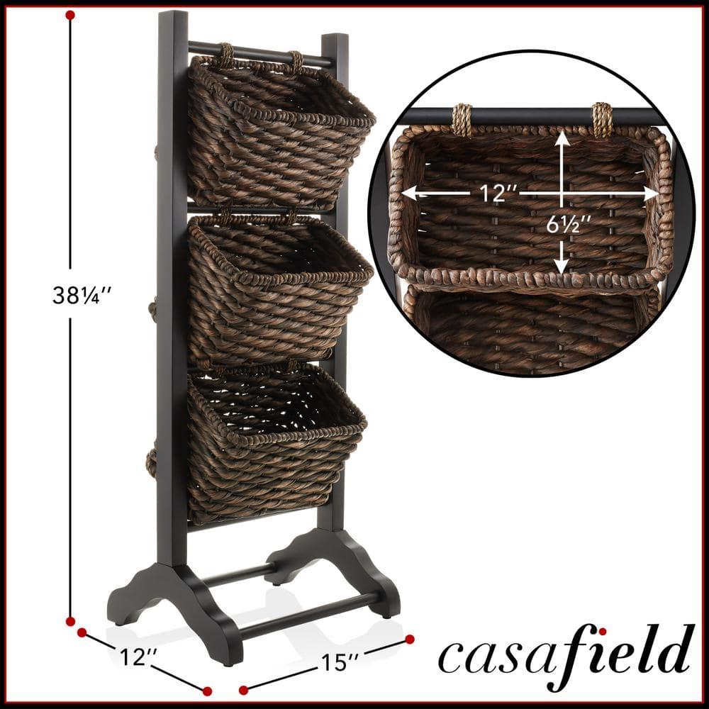 Casafield 3-Tier Floor Stand with Hanging Storage Baskets, Black/Espresso - Wood Tower Rack for Bathroom, Kitchen, Laundry, Living Room