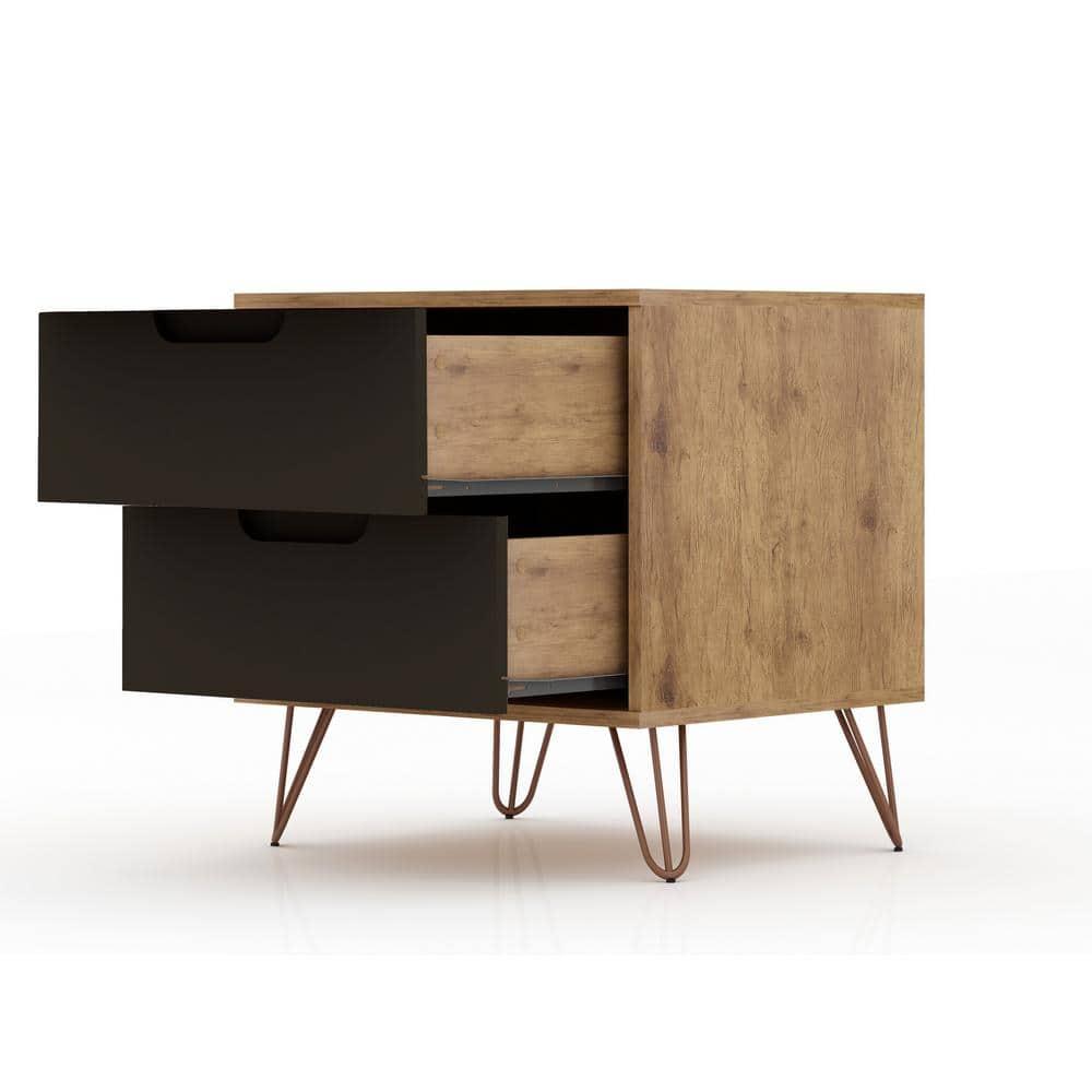 Set of 2 Rockefeller 2 Drawer Nightstands Nature/Textured Gray - Manhattan Comfort: Modern Splayed Metal Legs, MDF