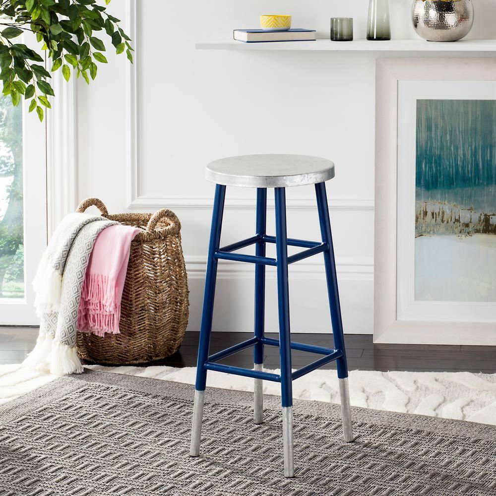 SAFAVIEH Kenzie Iron Silver Dipped 30" Barstool, Navy