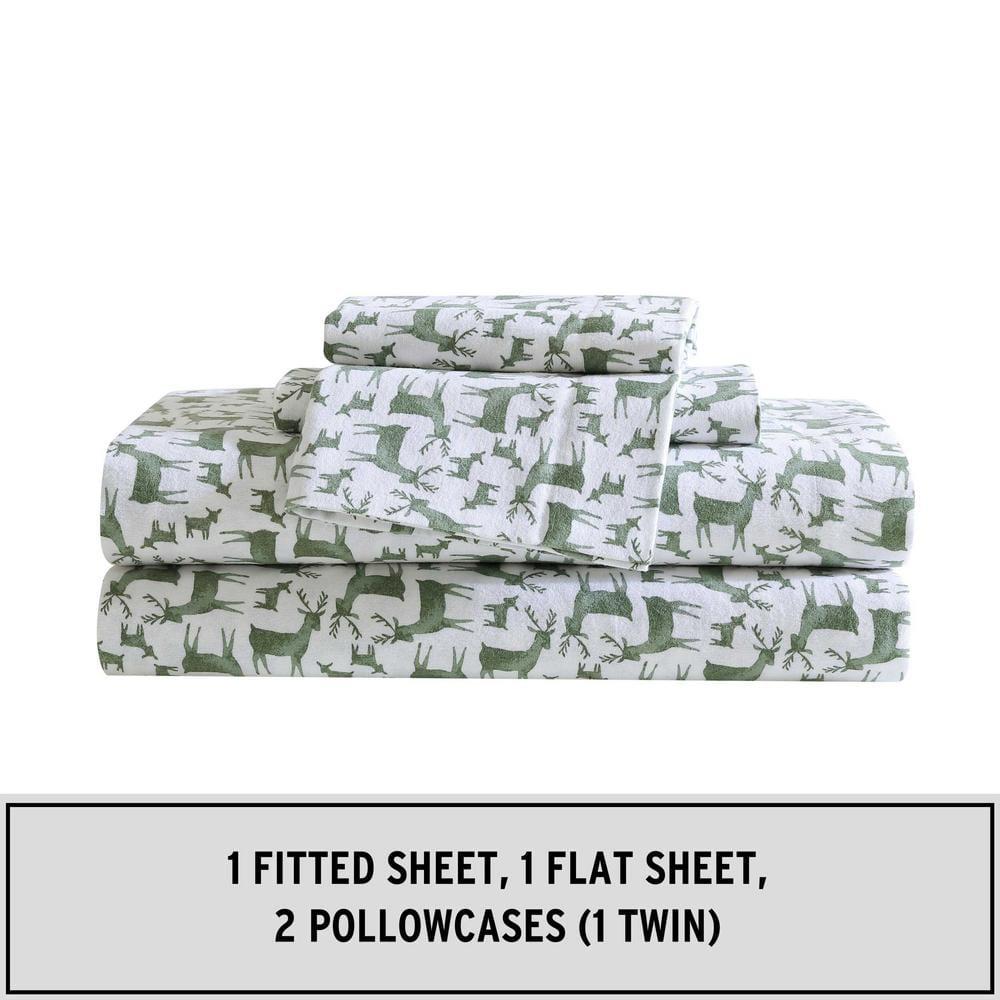 Eddie Bauer Deer Camp Green 100% Cotton Flannel Twin Sheet Set