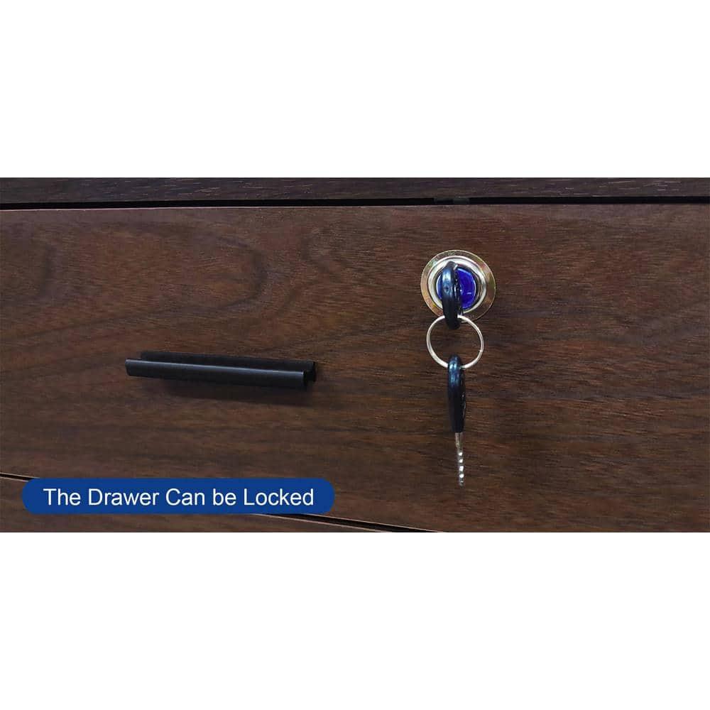 AndMakers 3-Drawer 39in. W Rolling Lateral Walnut Filing Cabinet with Locker and Open Storage Shelves for Home Office and Kids Room