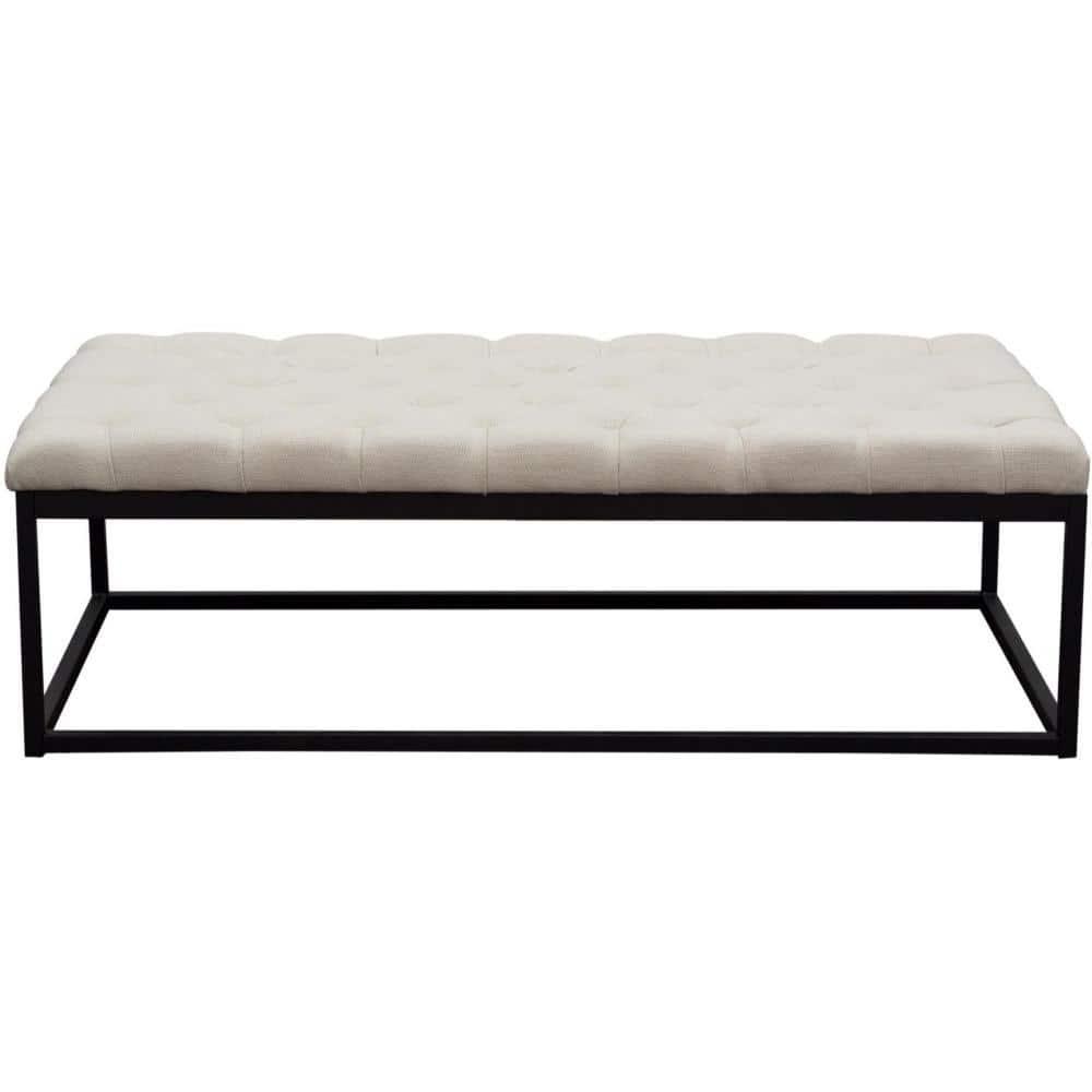 Large Beige Linen Upholstered Bench with Black Metal Base