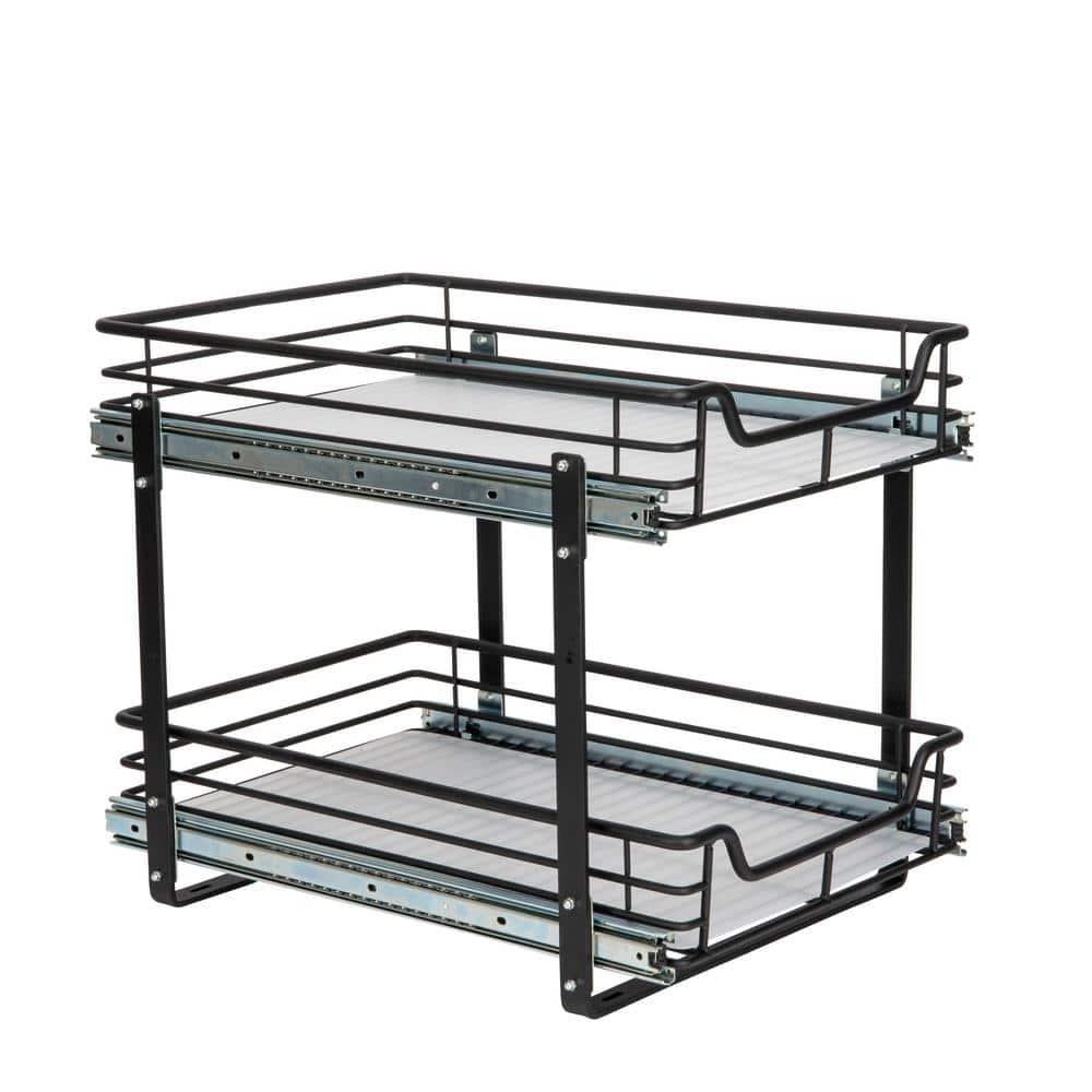 Glidez Multipurpose Paint-Finished Steel Pull-Out/Slide-Out Storage Organizer with Plastic Liners - Dual-Slide 2-Tier Design - Black