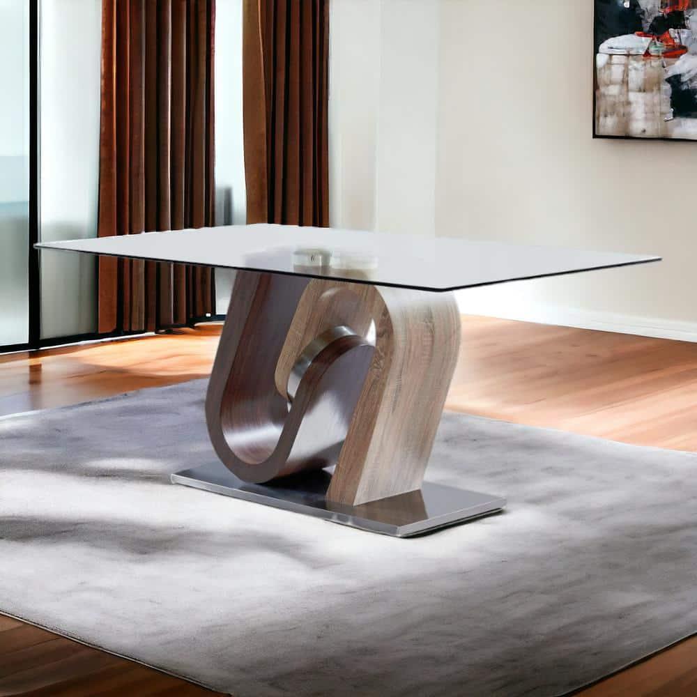 Oak & Walnut Two Toned Geometrical Base Dining Table with Glass Top