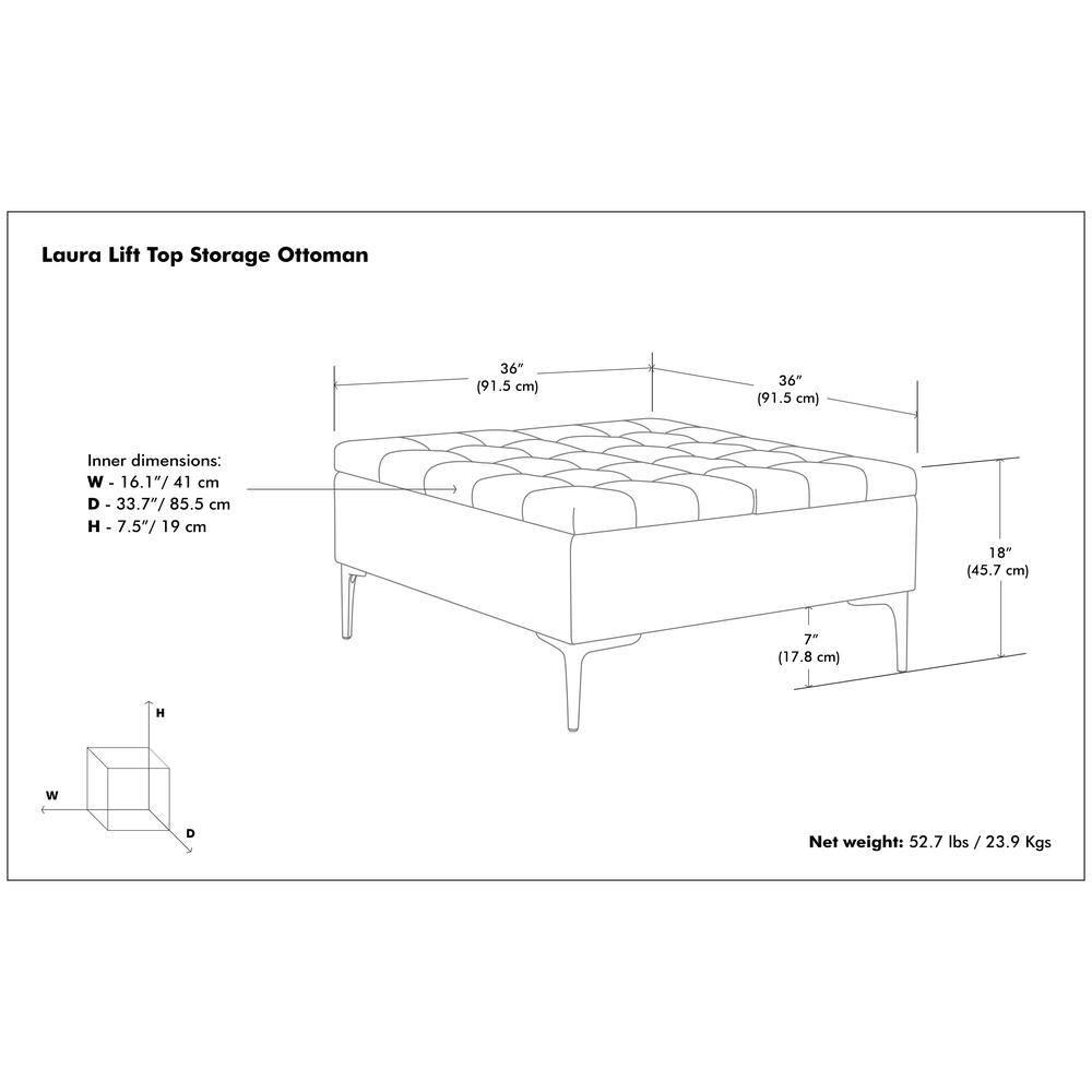 Simpli Home Laura 36"W Upholstered Square Storage Ottoman with Split Lift Top and 2 Storage Compartments