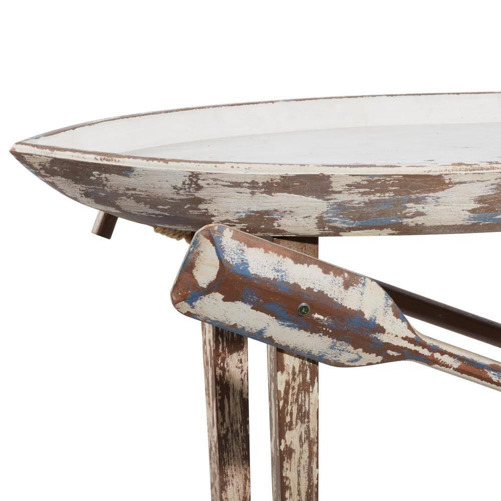 DecMode 49" x 33" White Wood Distressed Tray Top Boat Accent Table with Oar Detailed Legs, 1-Piece