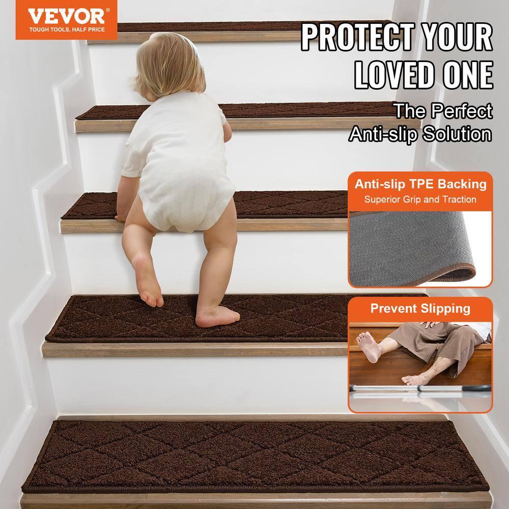 VEVOR Non-Slip Stair Treads, 9" x 28", Brown - 15 pcs, Indoor Carpet Runner for Wooden Steps with Soft Edging, Anti-Slip Stair Mats for Kids, Elders, and Dogs