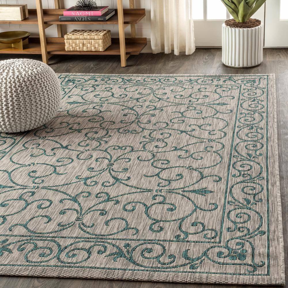5'x8' Charleston Vintage Filigree Textured Weave Indoor/Outdoor Area Rug, Gray/Teal - JONATHAN Y