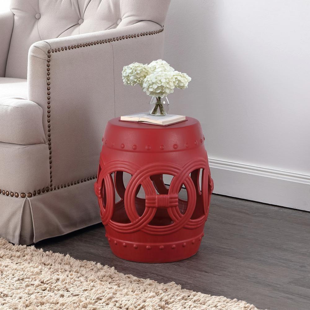 JONATHAN Y Lucky Coins 16" Chinese Ceramic Drum Garden Stool, Matte Red