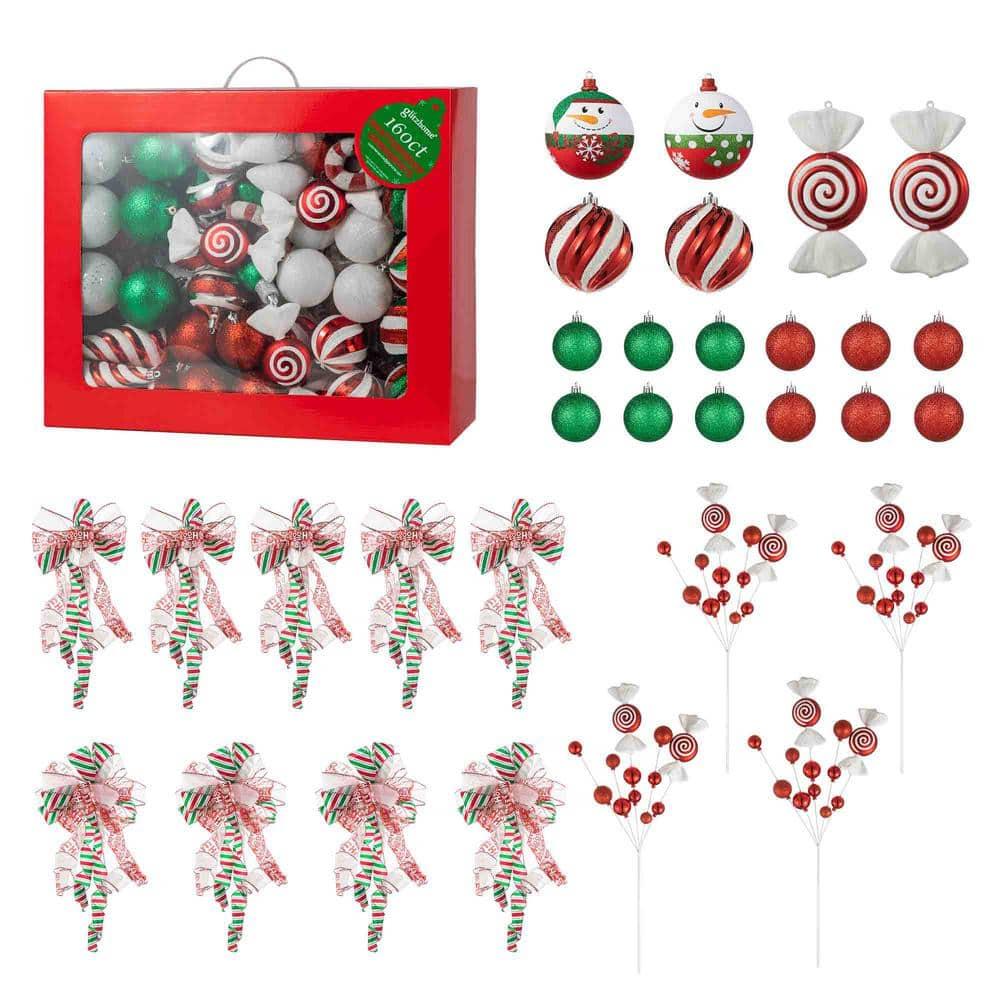 Glitzhome 178 Piece Christmas Ornaments , 4 Piece Candy Picks and 9 Piece Ribbon Bow Sets