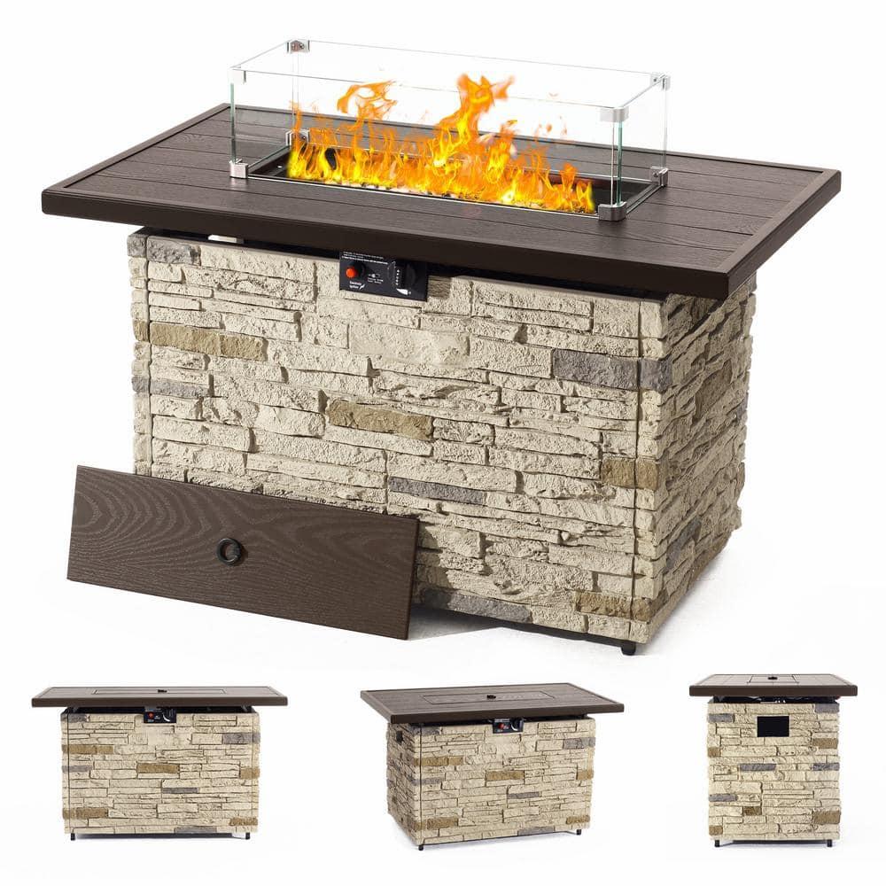43" Propane Fire Pit Table Outdoor Stone Firepit Table Rectangular 50000 BTU Propane Fire Tables for Outside Patio with Wind Guard, Table Lid, Fire Beads, Cover,Pizzello Caldo (Buff)