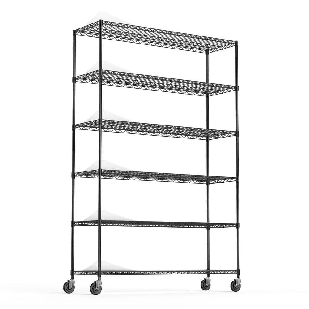 Black Heavy-Duty Steel 6-Tier Adjustable Wire Shelving Unit with Wheels