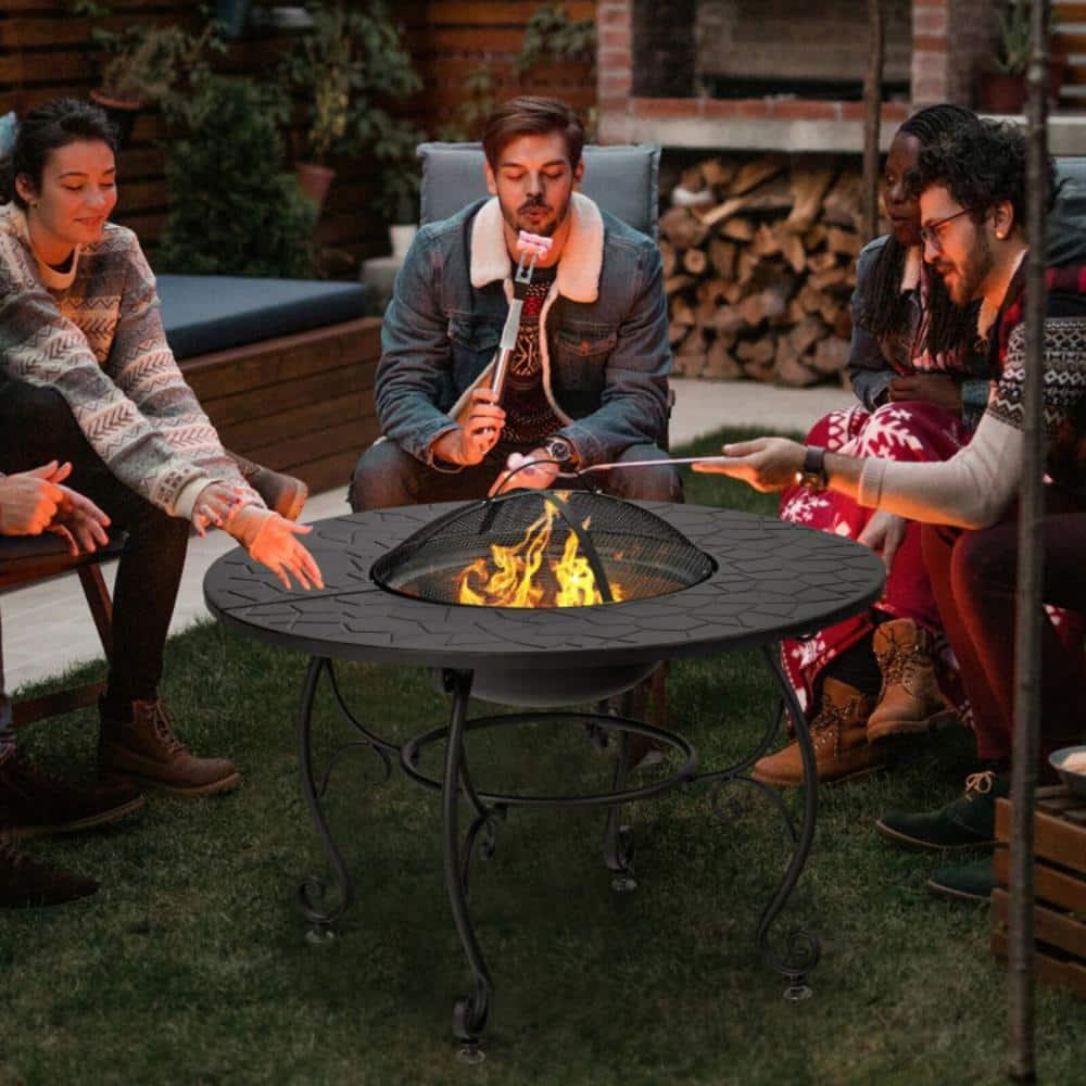 Costway 35.5'' Patio Fire Pit Dining Table Charcoal Wood Burning W/ Cooking BBQ Grate