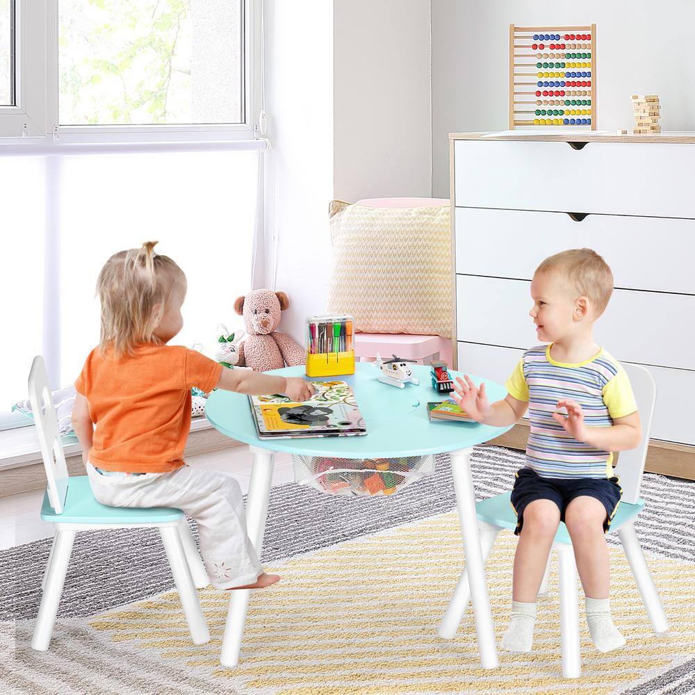 INDSUMOT Kids Table and Chair Set, Wooden Children Activity Table and 2 Chairs for Art & Craft, Storage Mesh Basket, 3-Piece Toddler Furniture Set for Daycare & Playroom, Gift for Boys Girls(Blue)