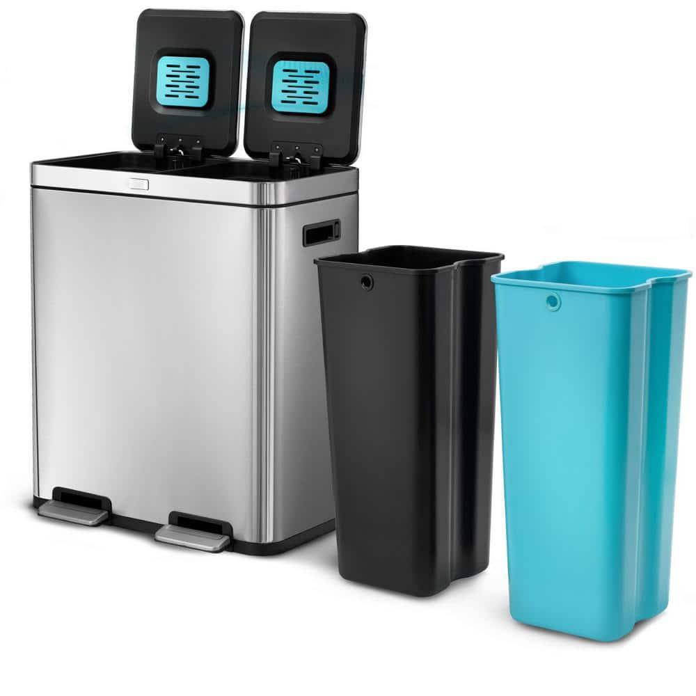 Home Zone Living 15.8 Gallon Stainless Steel Dual Kitchen Trash Can with CleanAura