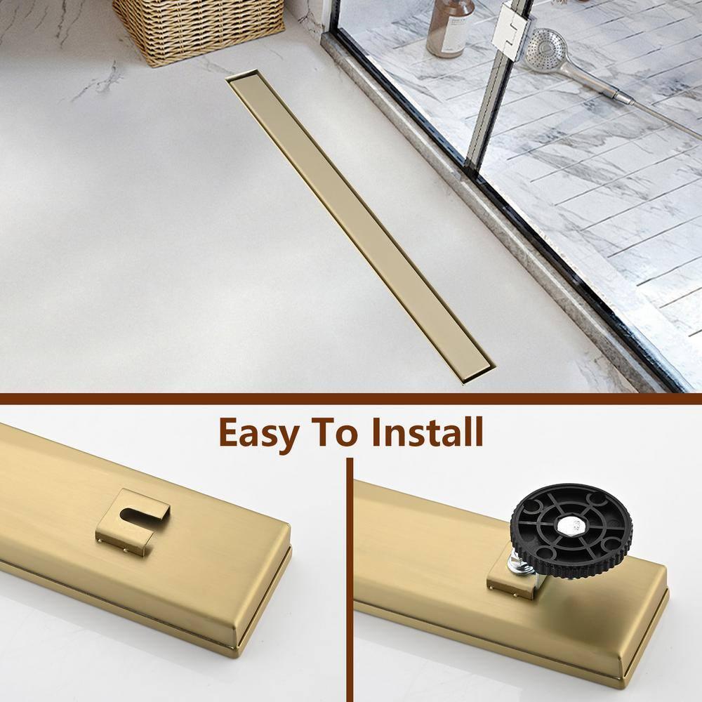 Linear Shower Floor Drain, Brushed Gold 30 Inch 304 Stainless Steel Bathroom Drains Kit, Rectangular Shower Trench Drain with Reversable Tile-in Pattern Drain Cover & Hair Catcher