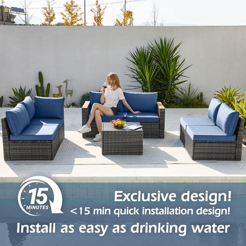 Decksplore 7 Piece Outdoor Furniture Set, 7 Pieces Outdoor Rattan Sectional Sofa Set with Glass Table and Cushions, Wicker Patio Conversation Set for Outdoor Indoor Backyard Lawn Garden Porch Blue