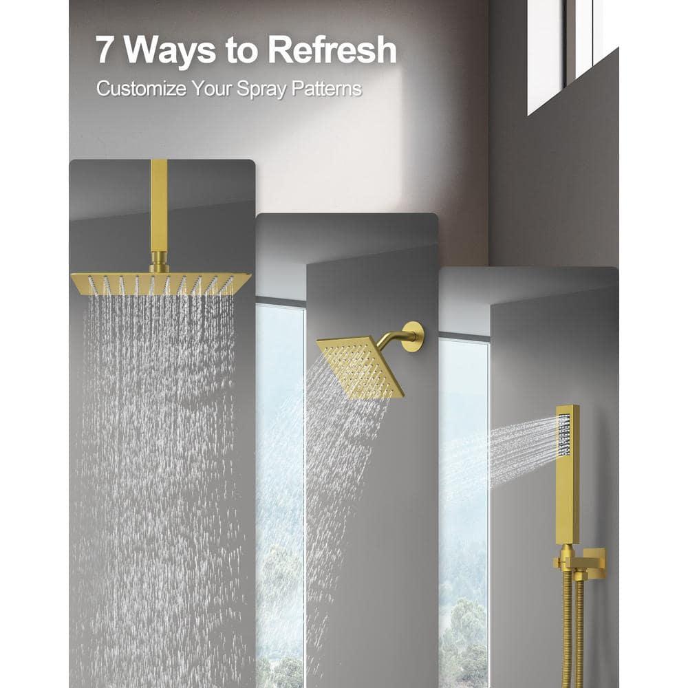 GRANDJOY Dual Wall Mount Rainfall Shower Head System Adjustable 12 inch & 6 inch Shower Faucet Set with Handheld Shower Spray Thermostatic Pressure Balance Value, Brushed Gold