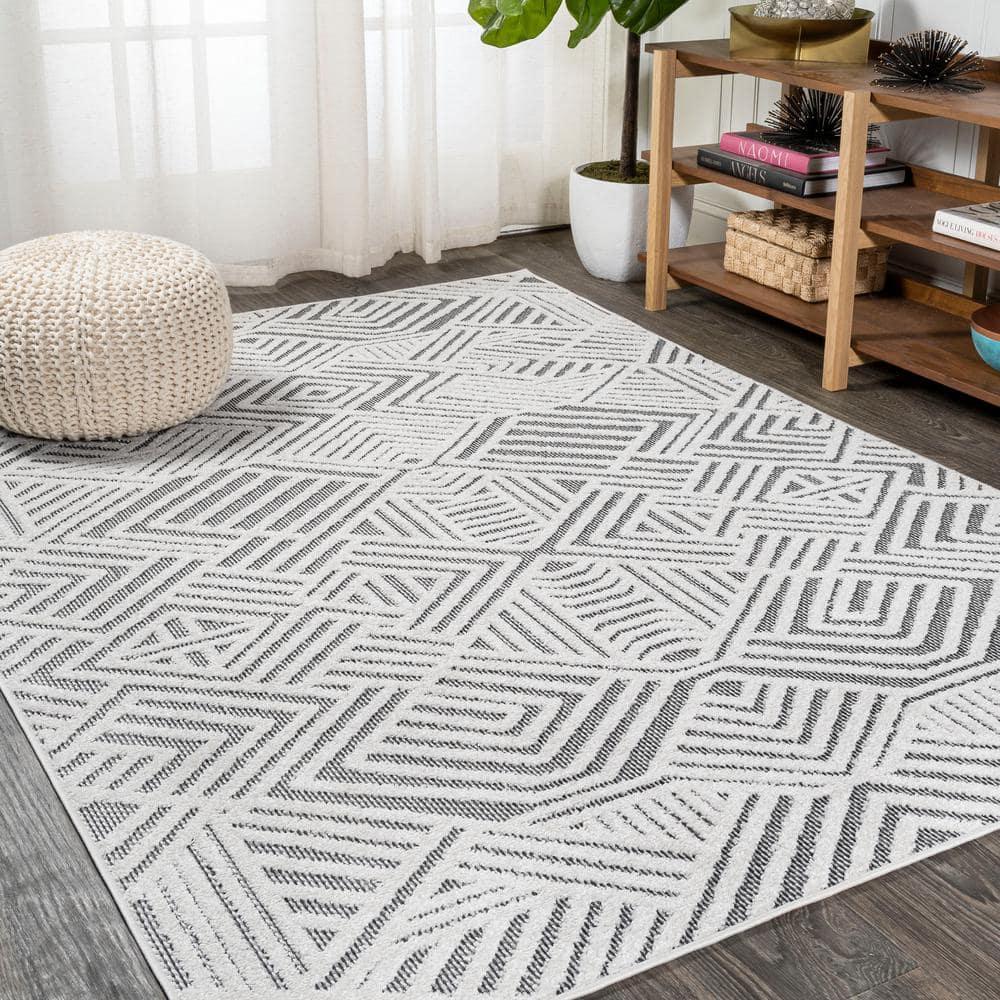 3'x5' Jordan High-Low Pile Art Deco Geometric Indoor/Outdoor Area Rug, White/Black - JONATHAN Y