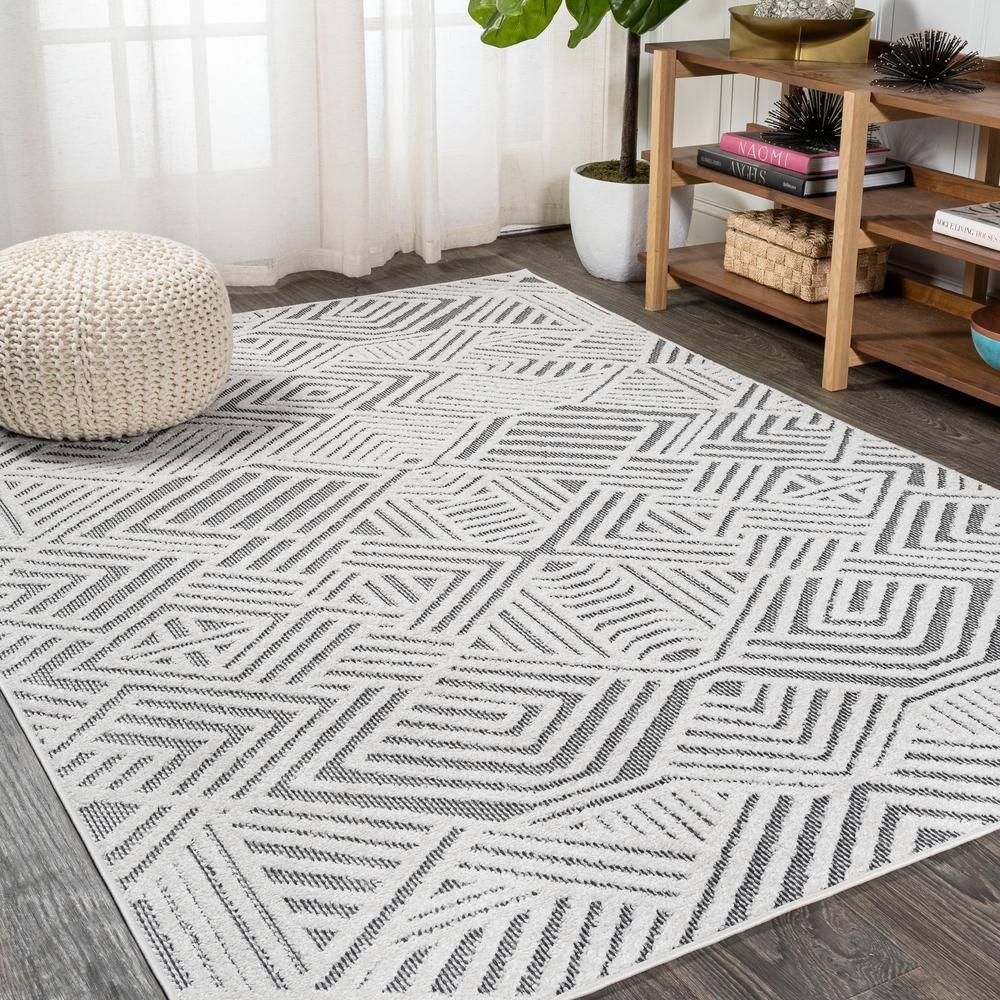 5'x8' Jordan High-Low Pile Art Deco Geometric Indoor/Outdoor Area Rug, White/Black - JONATHAN Y