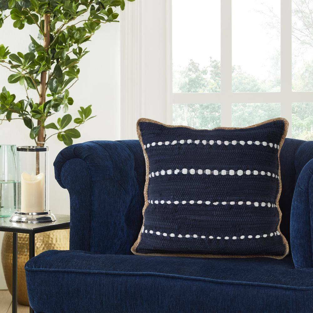 Ox Bay Ringo 20" x 20" Navy Blue/White Jute Bordered Striped Cotton Adult Decorative Throw Pillow