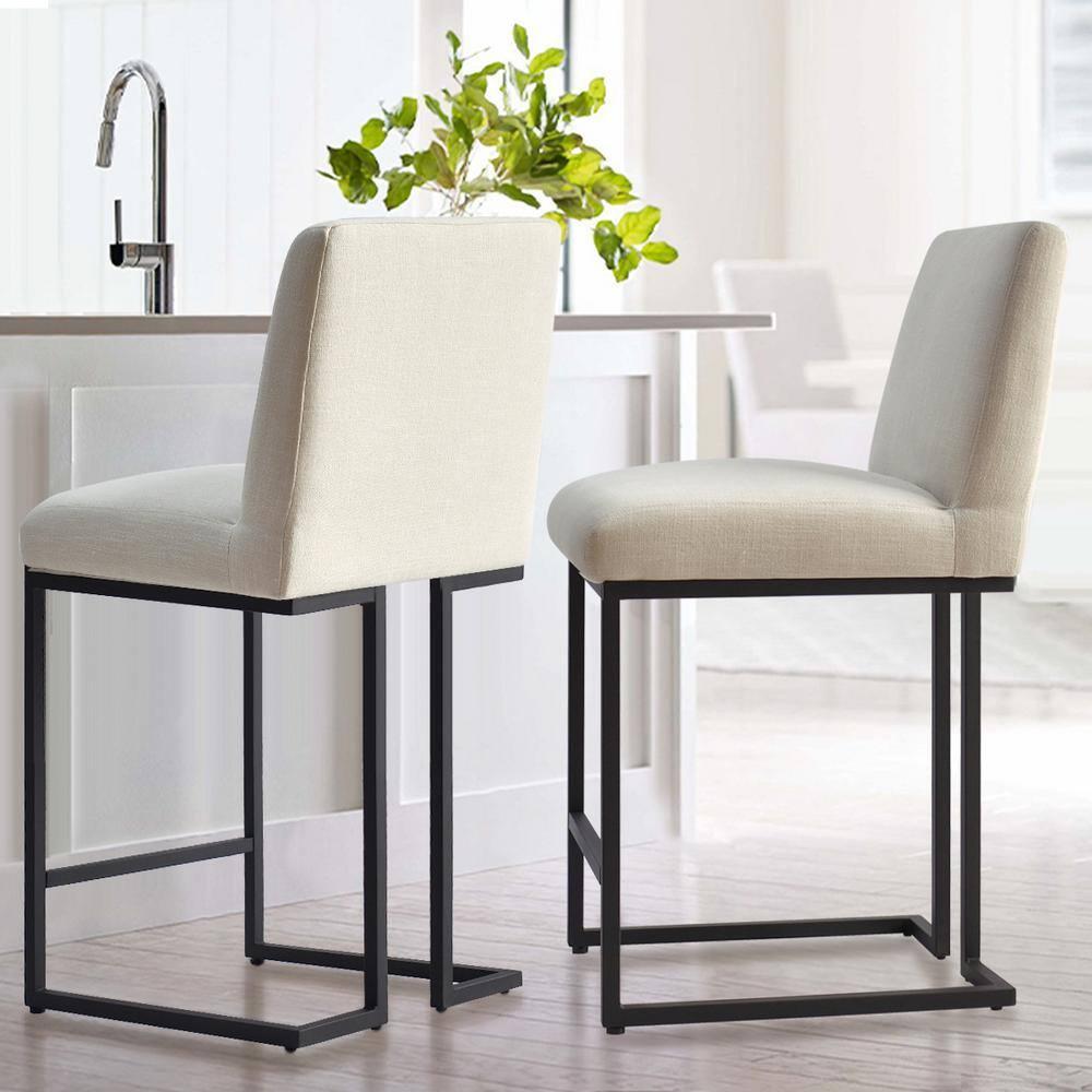 Set of 2 Upholstered Counter Height Bar Stools, 25" Armless Fabric Seat with Black Metal Sled Legs for Kitchen Island & Home Bar-Maison Boucle