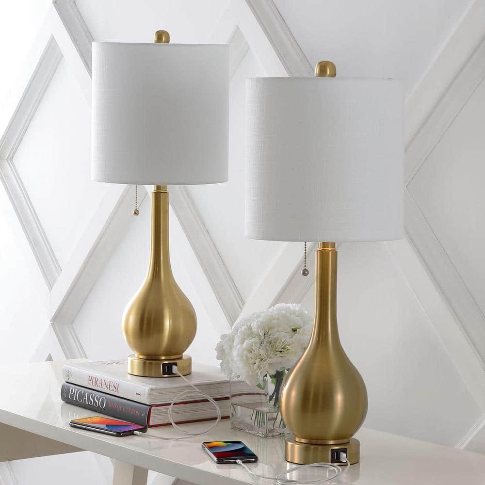 JONATHAN Y JYL1127C-SET2 Tyler 24" Modern Classic Gourd Iron LED Table Lamp with Pull-Chain with Dual USB Charging Port, for living room, dinning room Bulb Included, Brass Gold (Set of 2)