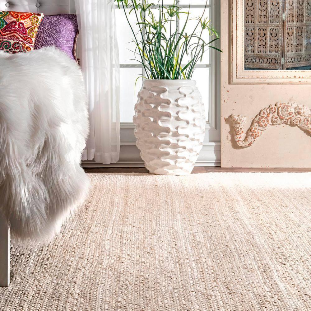 5' Round Hand Woven Rigo Jute Area Rug Off White - nuLOOM: Farmhouse Style, Low Pile, Indoor Use, Classic Pattern