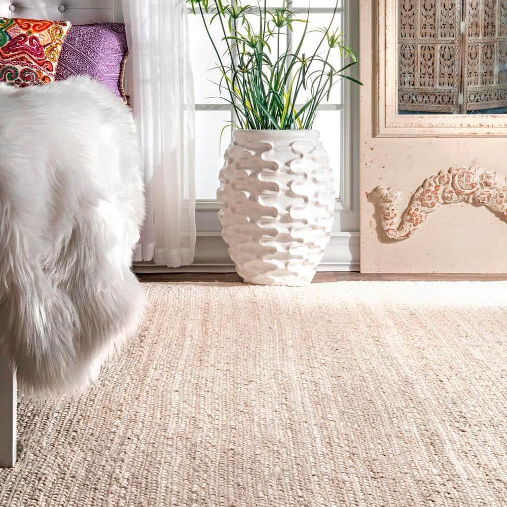 Nuloom 10 Square Rigo Jute Hand Woven Indoor Area Rug, Off White, Solid Farmhouse Design, Natural Fiber Bedroom, Living Room, Kitchen,