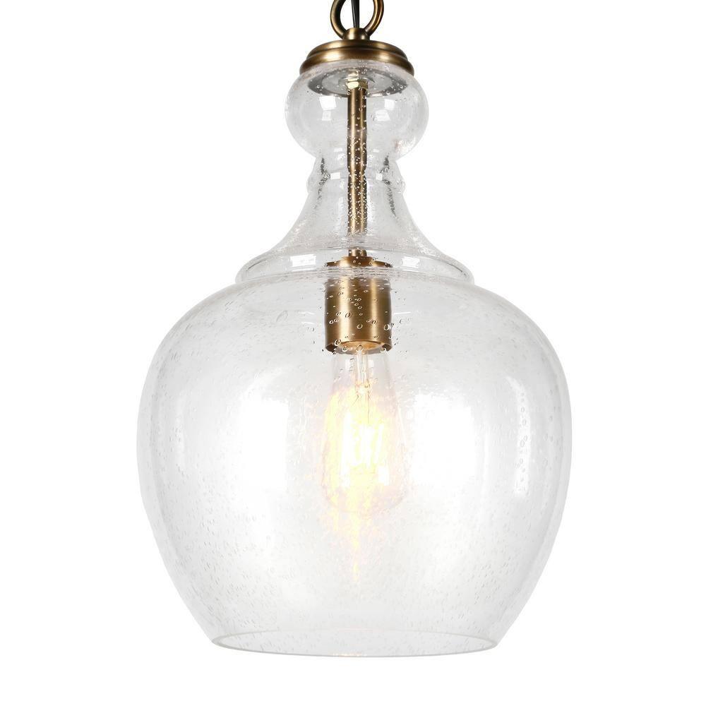 Henn&Hart 11" Wide Pendant with Glass Shade in Brass/Seeded, Pendant, Flush Mount Ceiling Light Fixture for Kitchen, Living Room