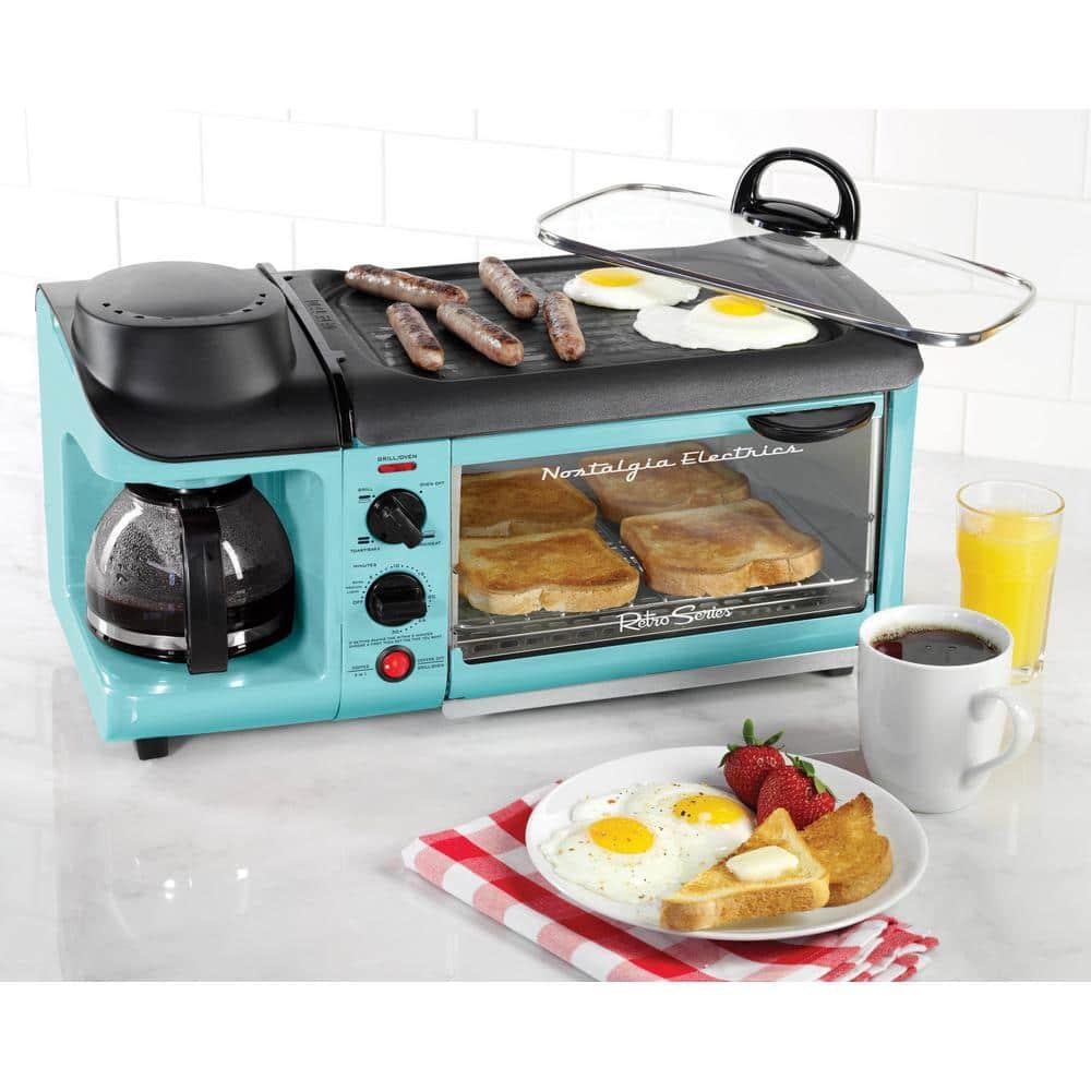 Nostalgia Retro 3-in-1 Family Size Electric Breakfast Station, Coffeemaker, Griddle, Toaster Oven, Aqua