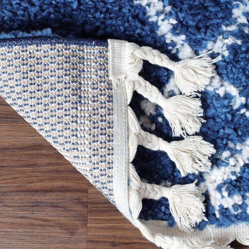 Geometric Diamonds Boho Shag Indoor Tassel Area Rug, Cream/Blue, 8' x 10'