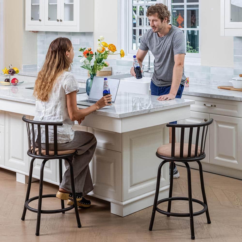 FurnitureR Brown Velvet 24'' Counter Stool Swivel High Back Barstools(Set of 2)