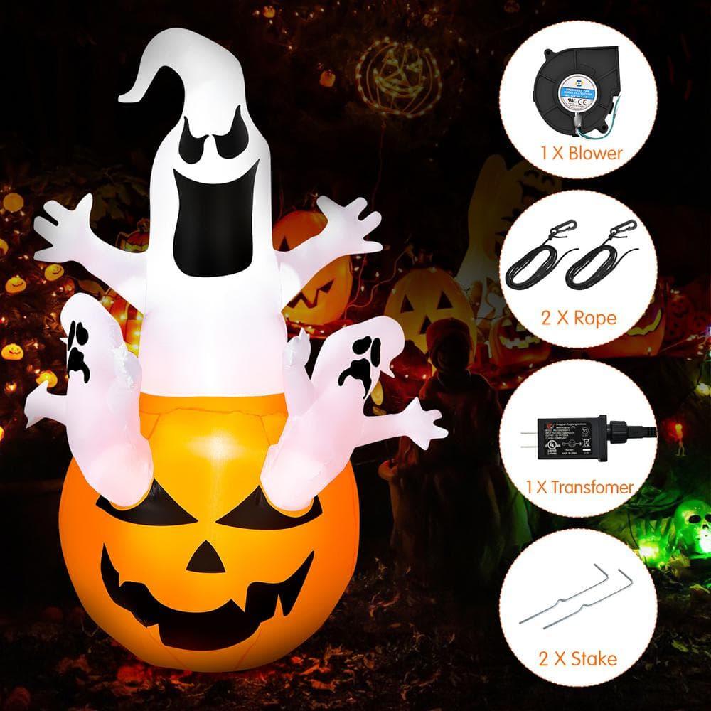 Tangkula 6ft Halloween Inflatables Ghost Pumpkin-Halloween Blow Up Yard Decorations w/Build-in LED Light