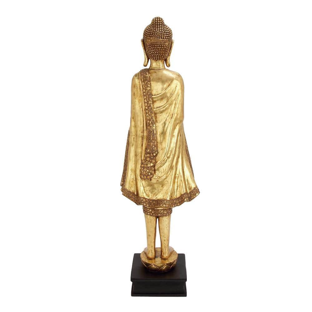 16" x 54" Gold Resin Meditating Buddha Sculpture with Engraved Carvings and Relief Detailing, by DecMode