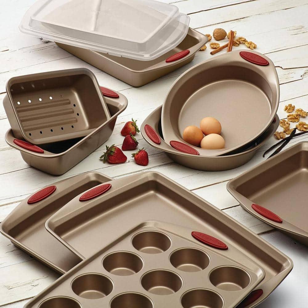 Rachael Ray Cucina Nonstick Bakeware Baking Pans Set, 10 Piece, Latte Brown and Cranberry Red
