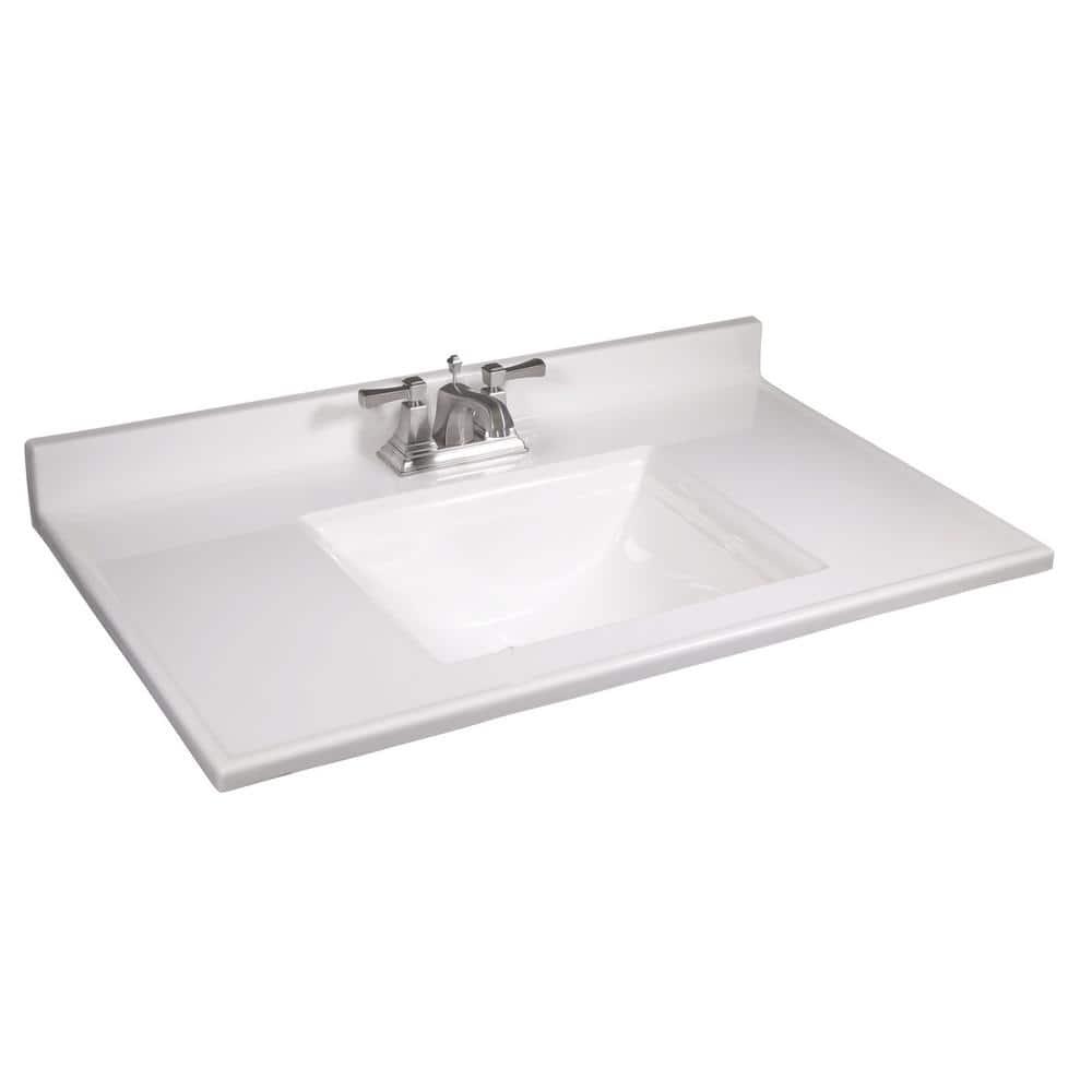 Camilla 37 in Cultured Marble Center Mount Rectangle One Bowl Vanity Top with Backsplash in Solid White