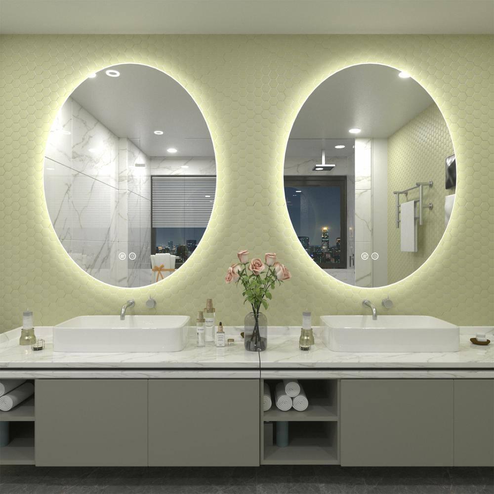 Apmir 28x20 Oval LED Wall Mirror with Backlit, Frameless Anti Fog LED Bathroom Vanity Mirror，Dimmable 3 Colors, Memory Function
