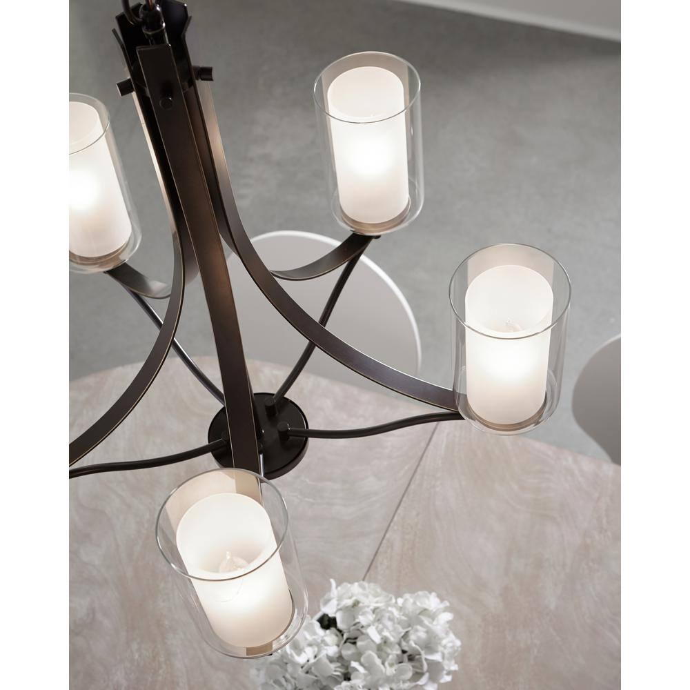 Elmwood Park 5-Light Bronze Modern Transitional Hanging Candlestick Chandelier with Satin Etched Glass Shades