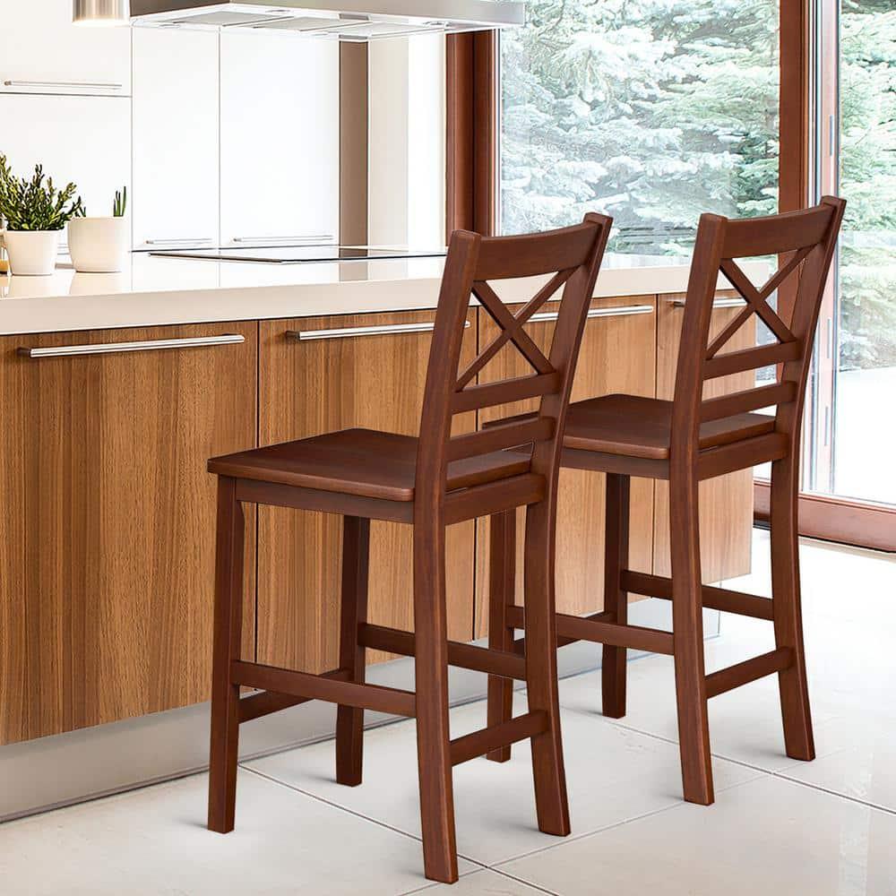 Costway Set of 2 Bar Stools 24'' Counter Height Chairs w/ Rubber Wood Legs Walnut