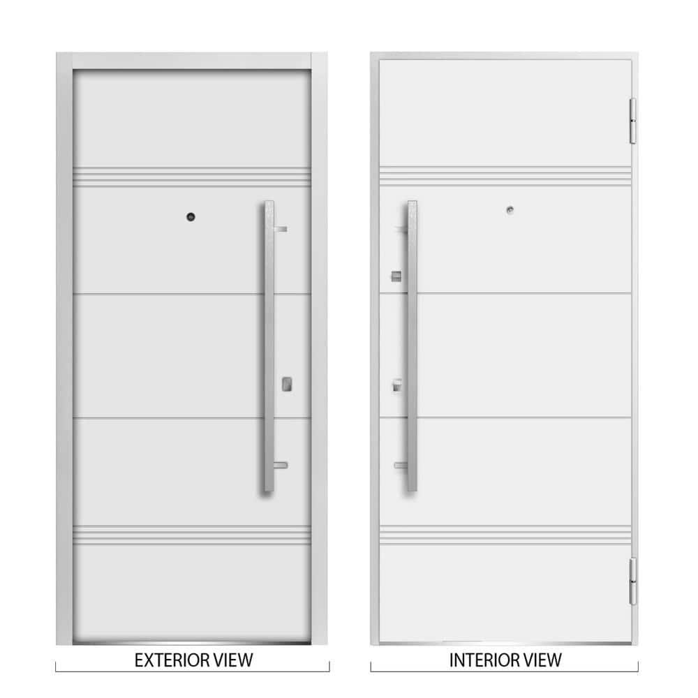 VDOMDOORS Front Exterior Prehung Steel Door 36 x 80 inches Right-Hand/Deux 1705 White Enamel/Horizontal Lines Single Modern Painted