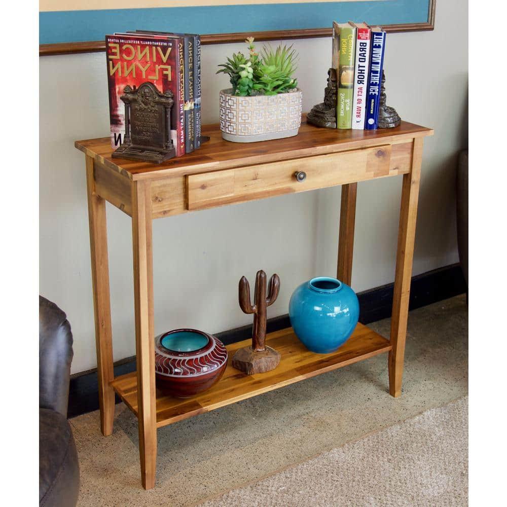Casual Contemporary Living Solid Acacia Console Table with Drawer & Bottom Shelf- Natural