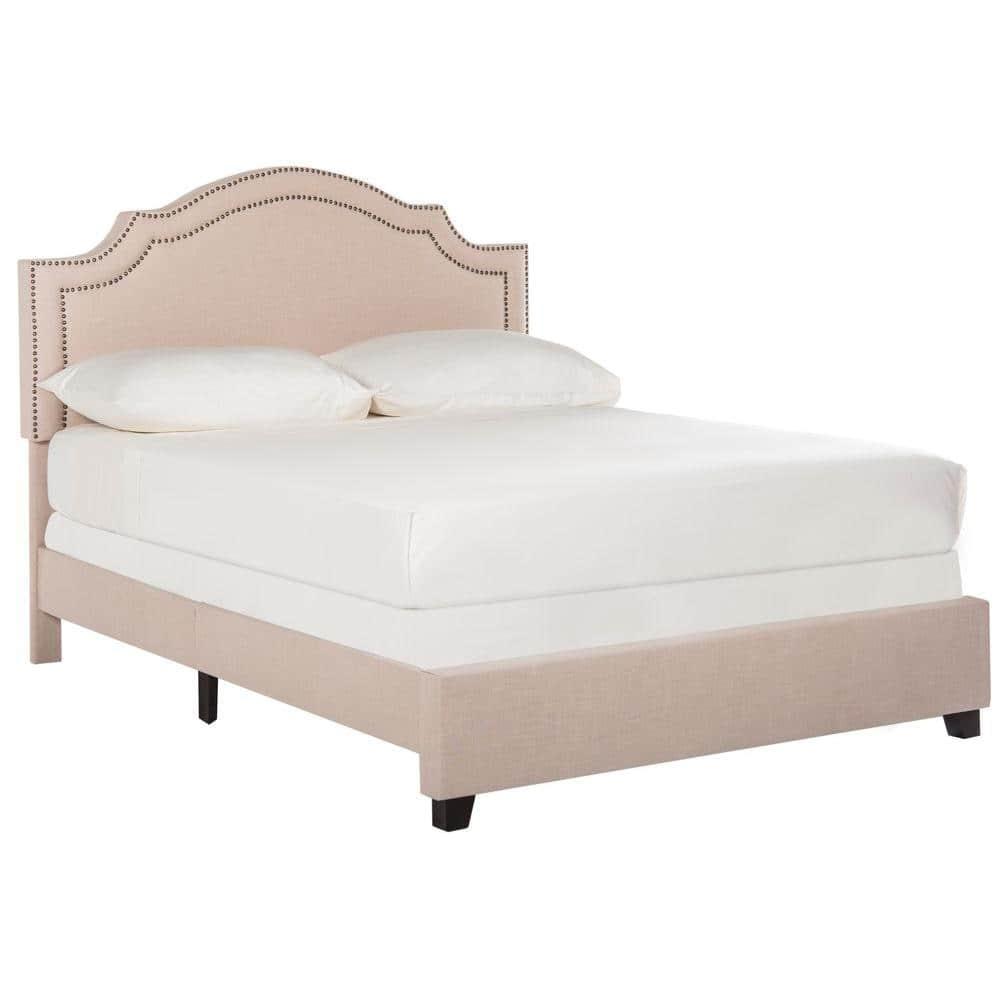SAFAVIEH Theron Modern Elegant Upholstered Bed Frame with Nail Heads, Full, Light Beige/Brass Nails