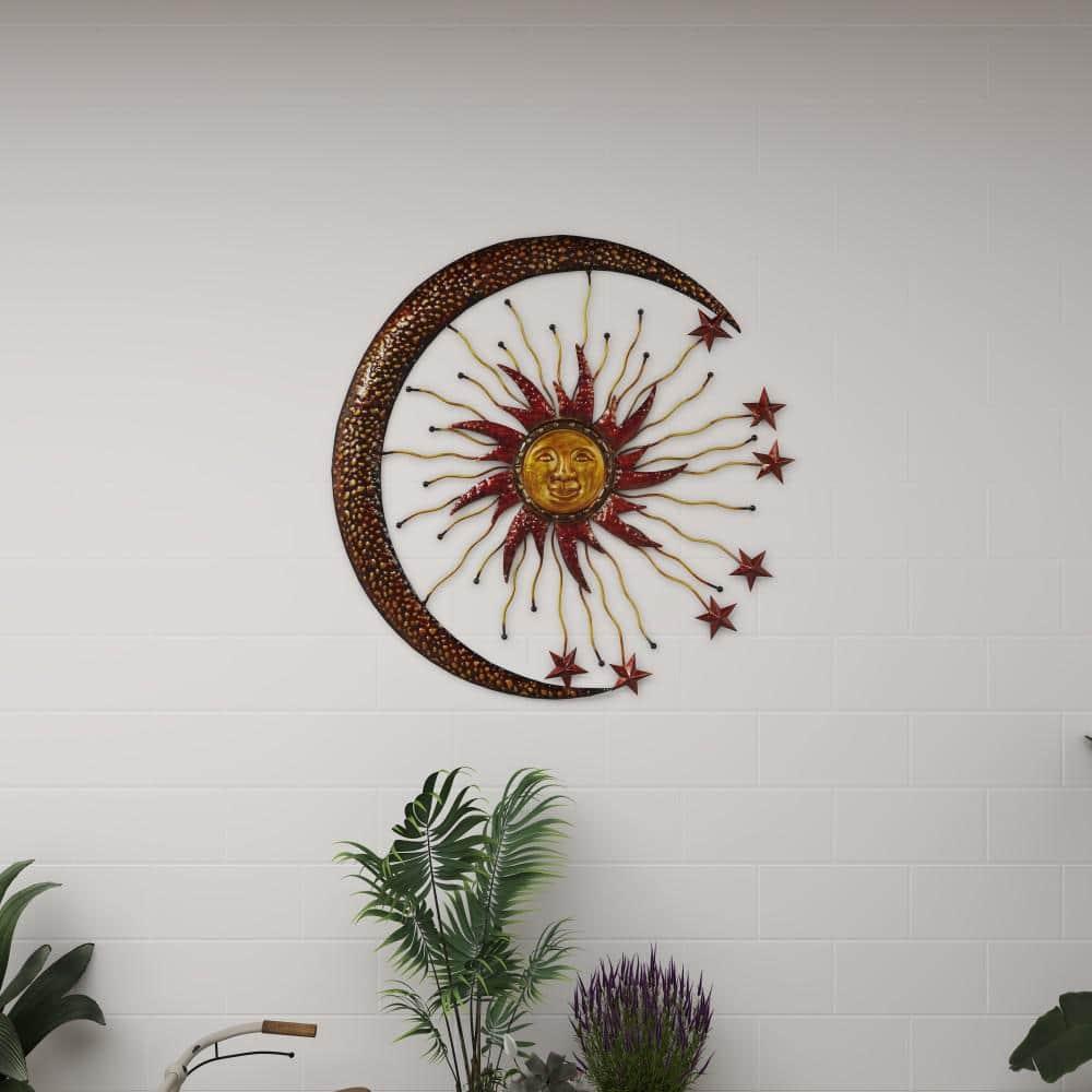 DecMode Copper Metal Indoor Outdoor Sun and Moon Wall Decor with Stars