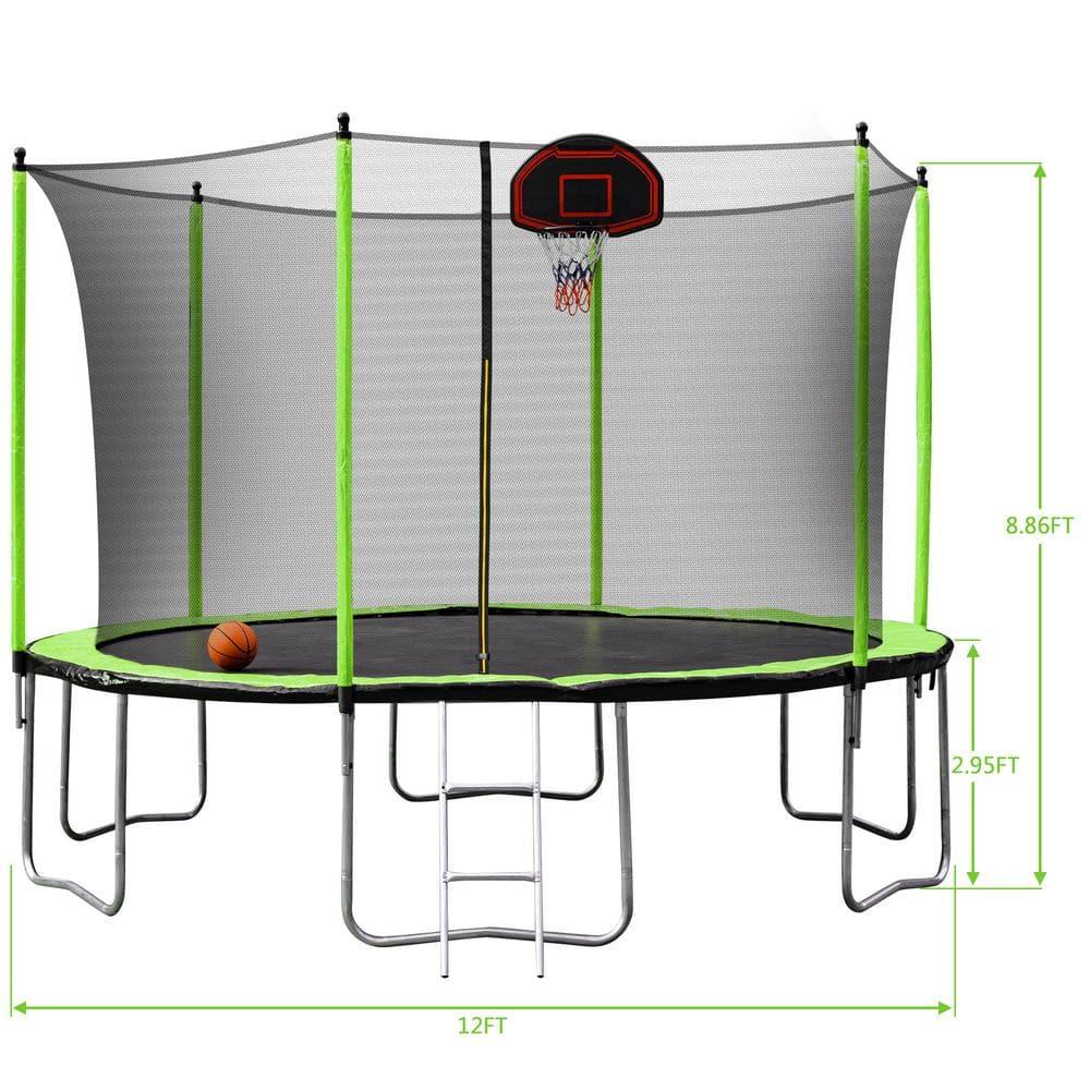 12FT Round Tranpoline with Safety Enclosure Net and Ladder for Kids, Straight Poles Recreational Outdoor Trampoline with Basketball Board and Ball, Weight Capacity 264 LBS, Green