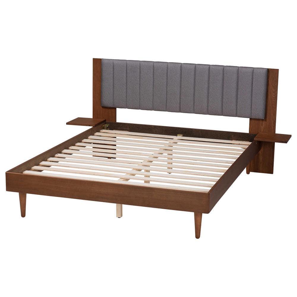 Baxton Studio Kalista Gray Fabric and Brown Wood Queen Size Bed with Tables