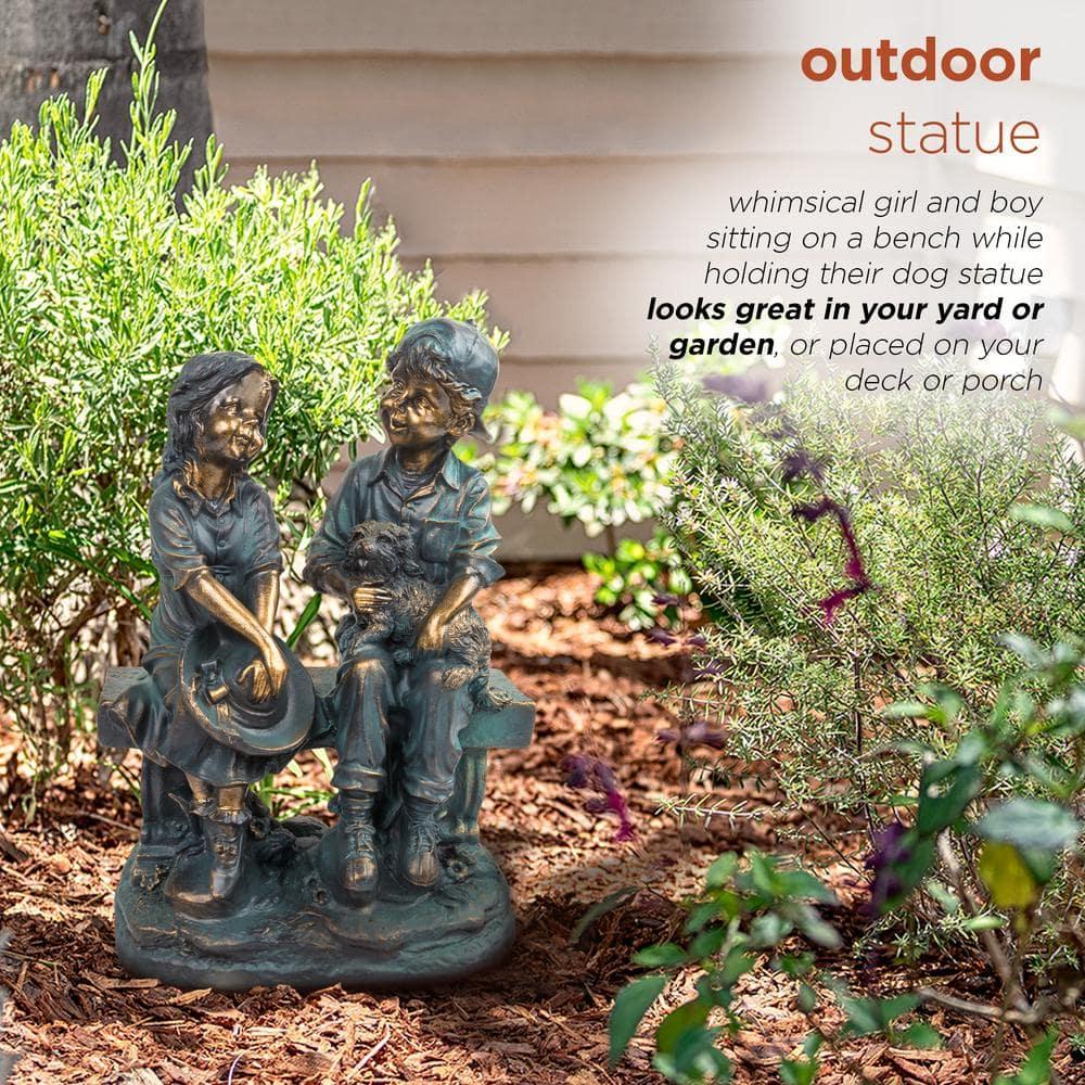 Alpine Corporation 16" Polyresin Girl and Boy with Dog Sitting on Bench Sculpture Bronze: Durable Outdoor Decor, Magnesium Oxide, Rust-Resistant