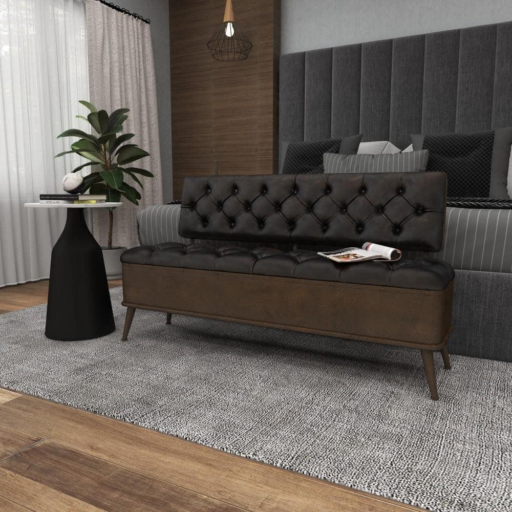 Williston Forge Black Metal Room Storage Bench with Tufted Faux Leather, 54" x 19" x 31"