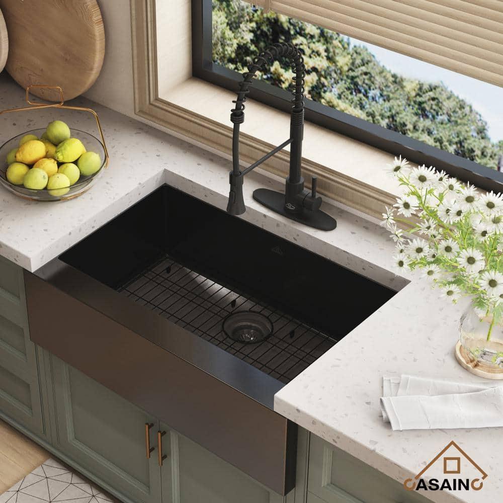 33" L x 22" W Farmhouse Kitchen Sink with Faucet, Stainless Steel Grid