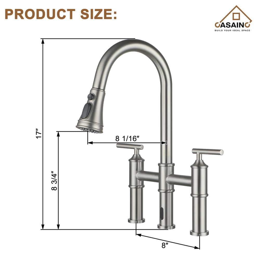 Double Handle Pull-Out Sprayer Bridge Kitchen Faucet with Infrared Sensor in Brushed Nickel